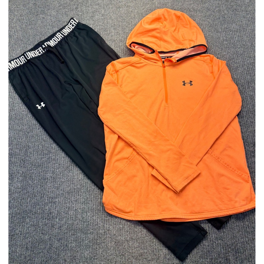 Under Armour Kids Orange 1/4 Zip Hoodie and Black HeatGear Pants Set Size Large